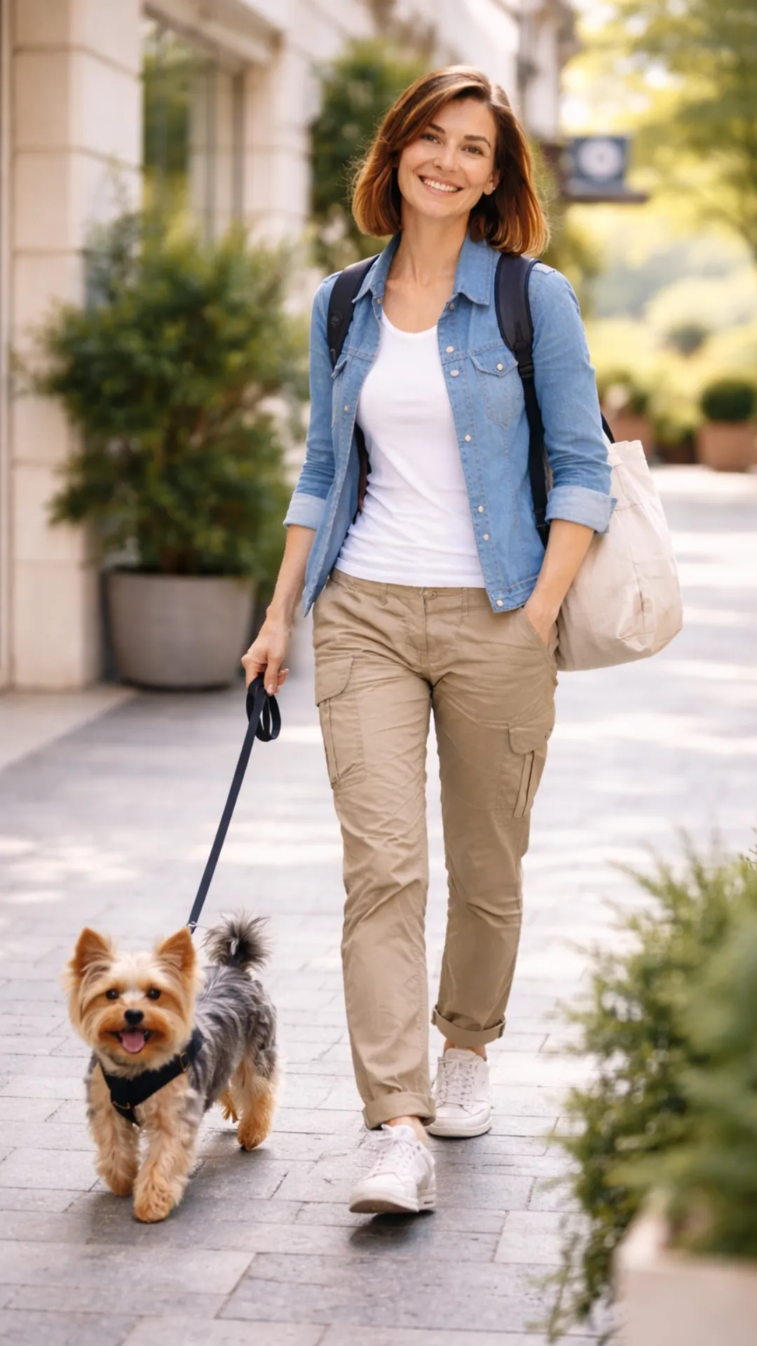 Frau im Jeanshemd geht mit einem Yorkshire Terrier an der Leine durch eine sonnige Gasse – KI-generierte Illustration