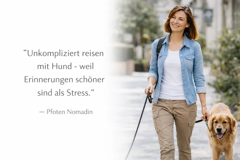 Frau spaziert mit einem Golden Retriever, daneben das Zitat „Unkompliziert reisen mit Hund – weil Erinnerungen schöner sind als Stress.“ – KI-generierte Illustration